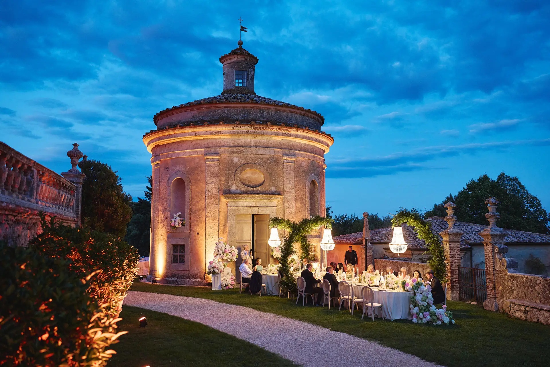 blue hour wedding reception at castello di celsa